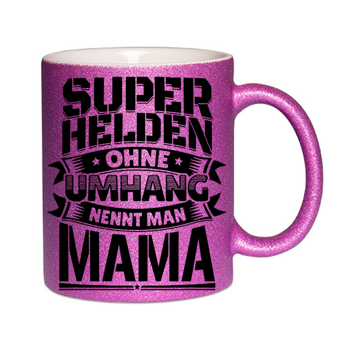 "Superheld Mama" Glitzertasse