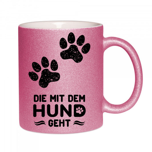 "Die mit dem Hund geht" Glitzertasse